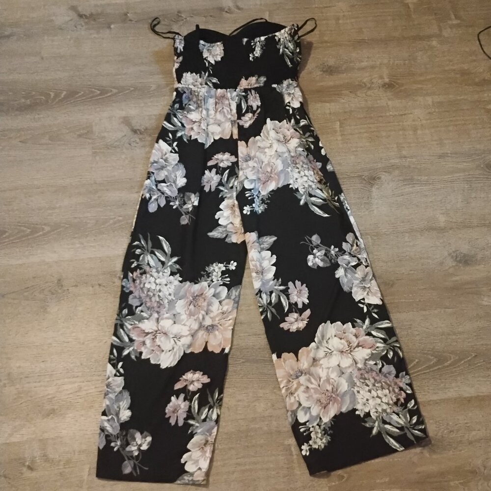 Mood of Kypreos Floral Wide-Leg Jumpsuit | Black Smocked Romper Size L